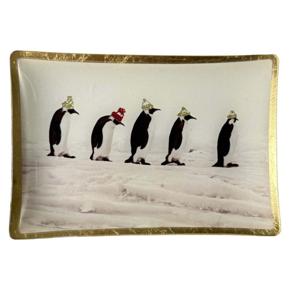 NWT BATH & BODY WORKS GOLD / WHITE PENGUIN PRINT DECORATIVE JEWELRY TRAY